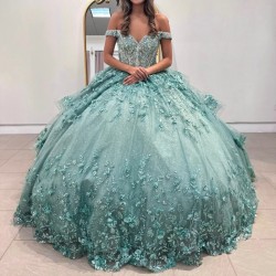 2024 Aqua Blue Off The Shooulder Quinceanera Dresses Beading Sparkly Party Dresses Formal Applique Crystal Gown Vestidos De 15