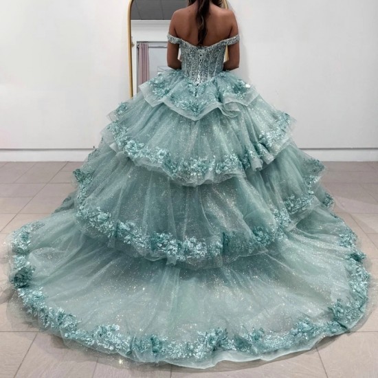 2024 Aqua Blue Off The Shooulder Quinceanera Dresses Beading Sparkly Party Dresses Formal Applique Crystal Gown Vestidos De 15