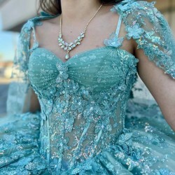 2024 Aqua Blue Sparkly Speciaal Quinceanera Dresses Applique Bow With Cape 16 Year Girls Floral Lace Up Prom Party Gown Vestidos