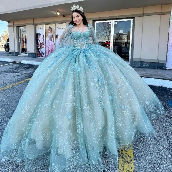 2024 Aqua Blue Sparkly Speciaal Quinceanera Dresses Applique Bow With Cape 16 Year Girls Floral Lace Up Prom Party Gown Vestidos