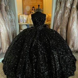 2024 Black Shiny Sweetheart Quinceanera Dresses Off Shoulder Sequined Beads Chapel Train Corset Prom vestido de debutante 15