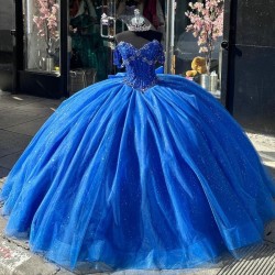 2024 Blue Shiny Quinceanera Dresses Lace Beads Ball Gowns vestidos de 15 quinceane Off Shoulder Sweet 16 Gown