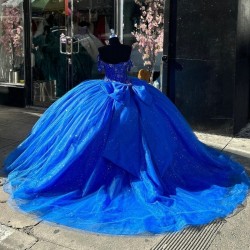 2024 Blue Shiny Quinceanera Dresses Lace Beads Ball Gowns vestidos de 15 quinceane Off Shoulder Sweet 16 Gown