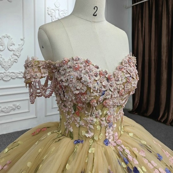 2024 Champagne Quinceanera Dress Ball Gown 3D Flowers Appliques Lace Beads Tull Sweet 16 Princess Dresse vestidos de 15 anos