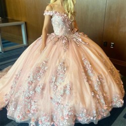 2024 Champagne Shiny Princess Quinceanera Dresses Off Shoulder Lace Appliques 3D Flower Beading Crystal Vestidos De 15 Anos