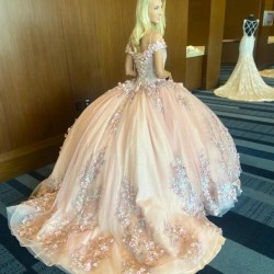 2024 Champagne Shiny Princess Quinceanera Dresses Off Shoulder Lace Appliques 3D Flower Beading Crystal Vestidos De 15 Anos