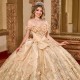 2025 Champagne Shiny Quinceanera Dresses Ball Gown Lace Flower Beading Tulle Lace Up Backless Party Princess Sweet 16 Dress