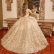 2025 Champagne Shiny Quinceanera Dresses Ball Gown Lace Flower Beading Tulle Lace Up Backless Party Princess Sweet 16 Dress