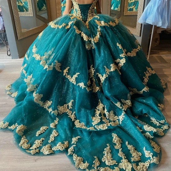 2024 Emerald Green Ball Gown Quinceanera Dress Golden Lace Applique Beads XV Princess Vestidos De 15 Anos Birthday Sweet 16 Dress