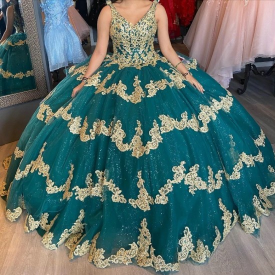 2024 Emerald Green Ball Gown Quinceanera Dress Golden Lace Applique Beads XV Princess Vestidos De 15 Anos Birthday Sweet 16 Dress