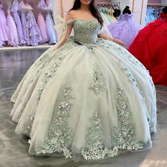 2024 Light Green Quinceanera Dress Ball Gown 3D Floral Applique Lace Beading Tull Corset Sweet 16 Vestido 15 De Anos