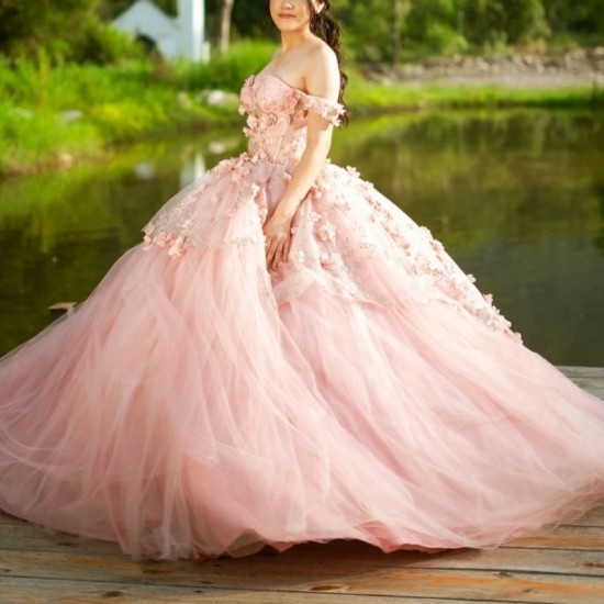 2024 Light Pink Princess Quinceanera Dresses Off Shoulder 3D Floral Beads Gillter Sequins Lace up Corset Vestidos 15 anos