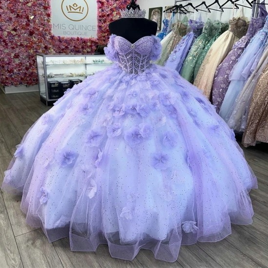 2024 Lilac Sky Blue Princess Ball Gown Quinceanera Dresses Off Shoulder Flower Beaded Crystals Tull Sweet 16 Prom Party Gown