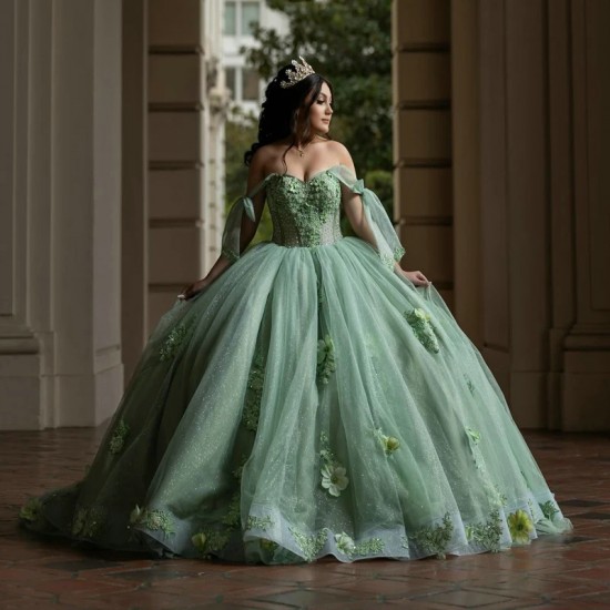 2024 Mint Green Shiny Ball Gown Quinceanera Dresses Classic Applique Lace Flower Beads Tull Sweet 16 Dress Corset Vestidos De 15