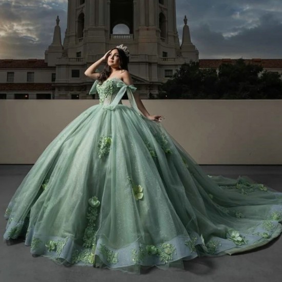 2024 Mint Green Shiny Ball Gown Quinceanera Dresses Classic Applique Lace Flower Beads Tull Sweet 16 Dress Corset Vestidos De 15