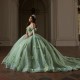 2024 Mint Green Shiny Ball Gown Quinceanera Dresses Classic Applique Lace Flower Beads Tull Sweet 16 Dress Corset Vestidos De 15