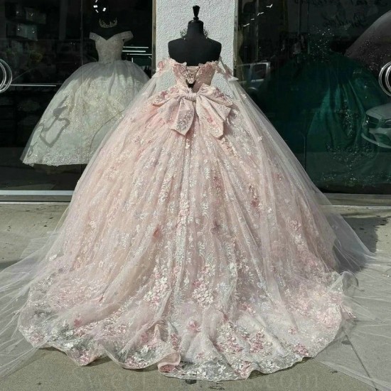 2024 Pink Quinceanera Dress Off The Shoulder Beading Appliques Lace Tull Sparkling Ball Gown Birthday Formal Party Gown Robes De