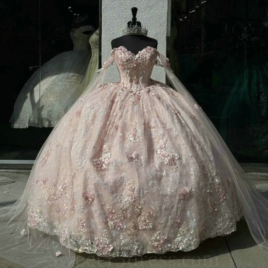 2024 Pink Quinceanera Dress Off The Shoulder Beading Appliques Lace Tull Sparkling Ball Gown Birthday Formal Party Gown Robes De