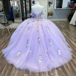 3D Floral Lace Princess Lilac Quinceanera Dresses Ball Gown Off The Shoulder Corset Tull Sweet 15 Vestidos De XV Anos