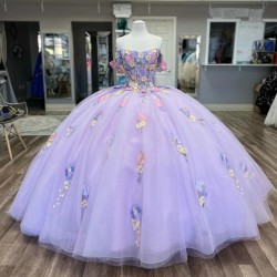 3D Floral Lace Princess Lilac Quinceanera Dresses Ball Gown Off The Shoulder Corset Tull Sweet 15 Vestidos De XV Anos