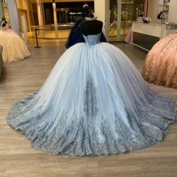 3D Flower Sky Blue Quinceanera Sweet 16 Dresses Lace Applique Beading Crystal With Cape Lace up Prom Ball Gowns Graduation