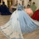 3D Flower Sky Blue Quinceanera Sweet 16 Dresses Lace Applique Beading Crystal With Cape Lace up Prom Ball Gowns Graduation