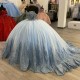 3D Flower Sky Blue Quinceanera Sweet 16 Dresses Lace Applique Beading Crystal With Cape Lace up Prom Ball Gowns Graduation