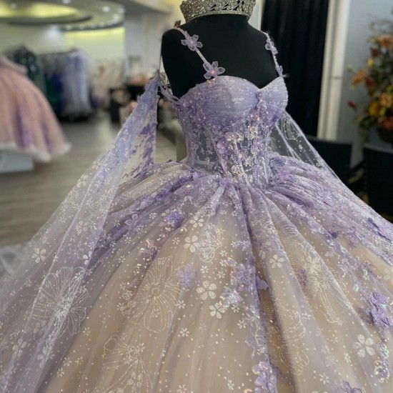 3D Flowers Lavender Champagne Shiny Quinceanera Dresses Floral Appliques Lace With Cape Vestidos De XV Anos Sweet Sixteen Dress