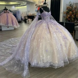 3D Flowers Lavender Champagne Shiny Quinceanera Dresses Floral Appliques Lace With Cape Vestidos De XV Anos Sweet Sixteen Dress