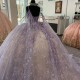 3D Flowers Lavender Champagne Shiny Quinceanera Dresses Floral Appliques Lace With Cape Vestidos De XV Anos Sweet Sixteen Dress