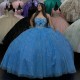 3D Flowers Sky Blue Shiny Ball Gown for Women Quinceanera Dresses Beads Appliques Tull Lacing Up Corset Vestidos 15 De XV Anos