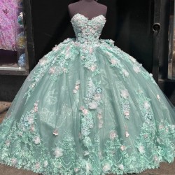 3DFlower Sage Green Shiny Ball Gown Quinceanera Dresses Lace Appliques Sweet16 Dress Birthday Party Vestidos De 15 Anos