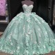 3DFlower Sage Green Shiny Ball Gown Quinceanera Dresses Lace Appliques Sweet16 Dress Birthday Party Vestidos De 15 Anos