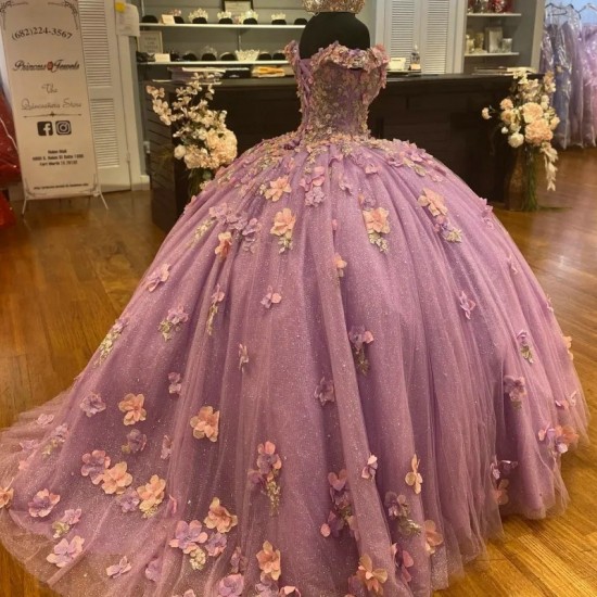 3DFlowers Lavender Shiiny Sexy Strapless Princess Quinceanera Dresses Off Shoulder Lace Appliques Beading Crystal Vestidos De 15