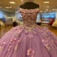 3DFlowers Lavender Shiiny Sexy Strapless Princess Quinceanera Dresses Off Shoulder Lace Appliques Beading Crystal Vestidos De 15