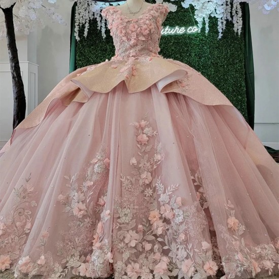 3DFlowers Pink Quinceanera Dresses Ball Gown Appliques Beads Girl Sweet 16 Party Dress vestidos 15 de graduacion