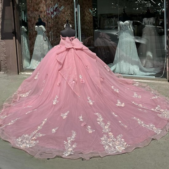 Off The Shoulder Pink Sweet 15 Dresses Quinceanera Dress Vestidos de Quinceanera With Long Tail