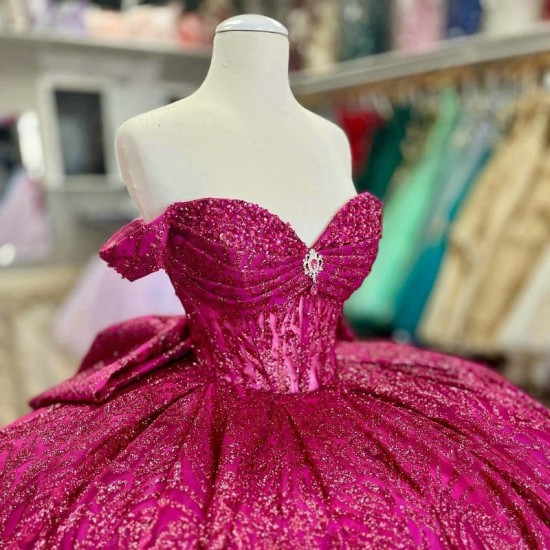 Crystal Rose Red Glitter Sequined Quinceanera Dresses Ball Gown Off The Shoulder Beading Tull Corset Vestidos 15 De XV Anos