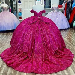 Crystal Rose Red Glitter Sequined Quinceanera Dresses Ball Gown Off The Shoulder Beading Tull Corset Vestidos 15 De XV Anos