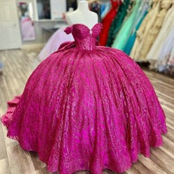 Crystal Rose Red Glitter Sequined Quinceanera Dresses Ball Gown Off The Shoulder Beading Tull Corset Vestidos 15 De XV Anos