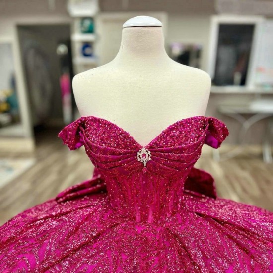 Crystal Rose Red Glitter Sequined Quinceanera Dresses Ball Gown Off The Shoulder Beading Tull Corset Vestidos 15 De XV Anos