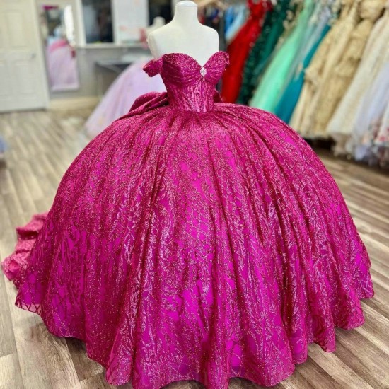 Crystal Rose Red Glitter Sequined Quinceanera Dresses Ball Gown Off The Shoulder Beading Tull Corset Vestidos 15 De XV Anos