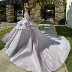 Luxury Lilac Purple Princess Ball Gown Quinceanera Dresses Appliques Lace Rhinestones Luxury Long Sleeved Vestidos De 15 Anos