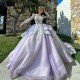 Luxury Lilac Purple Princess Ball Gown Quinceanera Dresses Appliques Lace Rhinestones Luxury Long Sleeved Vestidos De 15 Anos