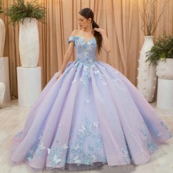 Mexico Lilac Sweetheart Ball Gown Quinceanera Dress For Girls Applique Lace Bow Beaded Tull Birthday Party Gowns Prom Sweet 16