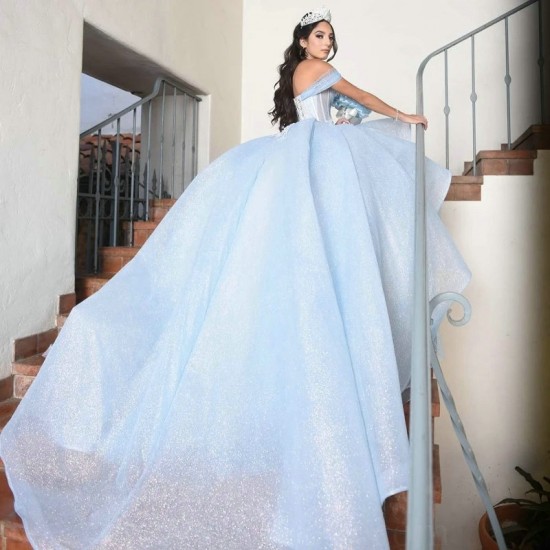 Off Shoulder Sky Blue Ball Gown Quinceanera Dress 3D Flowers Appliques Lace Beads Corset Vestido De 15 Anos