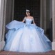 Off Shoulder Sky Blue Ball Gown Quinceanera Dress 3D Flowers Appliques Lace Beads Corset Vestido De 15 Anos