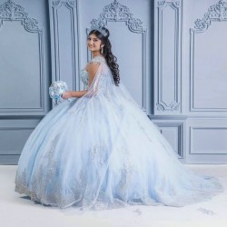 Off Shoulder Sky Blue Princess Quinceanera Dress 2024 Appliques Lace Beads With Cape Party Sweet 16 Gown Vestidos De 15 Anos