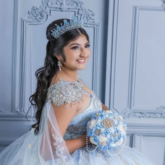 Off Shoulder Sky Blue Princess Quinceanera Dress 2024 Appliques Lace Beads With Cape Party Sweet 16 Gown Vestidos De 15 Anos