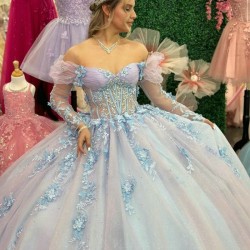 Off Shoulder Sky Blue Shiny Princess Quinceanera Dresses Appliques Lace Beads Ball Gown Long Sleeved Sweet 16 Dresses Vestidos